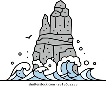 Vector Illustration of Rock Formation in Ocean Waves