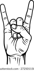 Ilustración vectorial del icono del gesto de la mano del rock con los cuernos del diablo, estilo de la silueta, símbolo de la música, y diseño de la cultura del metal pesado