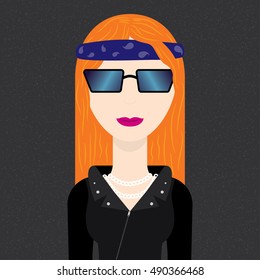 Vector illustration of rock metal music girl in leather jacket with long hair