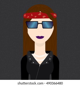Vector illustration of rock metal music girl in leather jacket with long hair