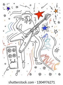 Vector illustration. Rock musician. Man playing guitar. Doodle doodle sketch.