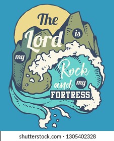 Vector illustration of rock and ocean with bibble quote