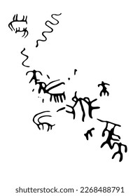 Vector illustration of rock paintings depicting ancient hunting for animals. Prehistoric rock petroglyphs discovered on the territory of Armenia