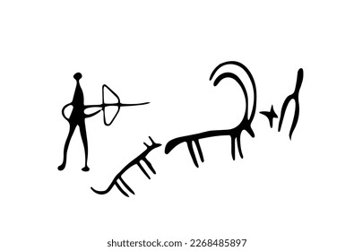 Vector illustration of rock paintings of people and cattle. Prehistoric rock petroglyphs discovered on the territory of Armenia