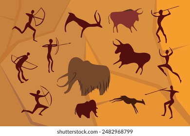 Vector illustration of rock paintings.Cartoon scenes of drawings of primitive people hunters with bows and arrows, spears in various poses hunting animals:bison, mammoths, deer, antelopes.Paleolithic.