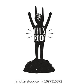 Vector illustration with rock sign head man silhouette with lettering text - Let's Rock. Typography black and white print design

