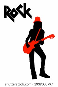 Vector illustration of a rock star in a leather biker jacket with a guitar in red hat. Rock festival poster.