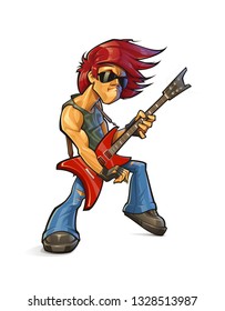 Vector Illustration of a Rock Star Playing Solo on His Electric Guitar.