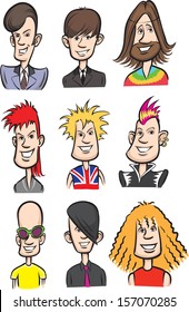 Vector illustration of rock stars  cartoon faces. Easy-edit layered vector EPS10 file scalable to any size without quality loss. High resolution raster JPG file is included.