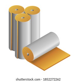 Vector illustration rock wool insulator for heat cold protection. Mineral wool flat vector icon. Rolls of fiberglass insulation material isolated on white background. 3D cartoon glass wool rolls icon.