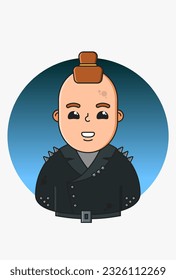 Ilustración vectorial de un mecedor con un bollo y afeitado en una chaqueta negra de biker sobre un fondo azul redondo