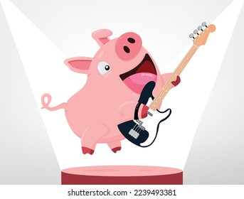 vector illustration of a rocker pig with a bass guitar