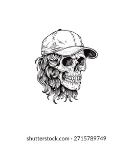Ilustración vectorial de un cráneo estilo rockero con gorra de béisbol y pelo en un lado dibujado a mano.