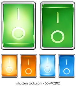 Vector illustration of a rocker switch, with both on and off positions. Switch is lighted when in "on" position. Built with several layers for easy editing.