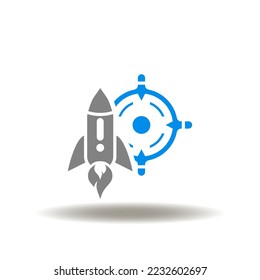 Vector illustration of rocket with aim sign. Icon of kanban. Symbol of startup and business goal achievement.