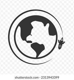 Vector illustration of rocket around the earth icon in dark color and transparent background(png).