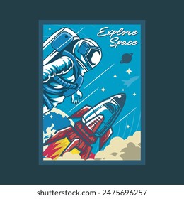 Vector Illustration of Rocket and Astronout with Moon, Planet and Clouds in The Space with Simple Illustration Available for Poster