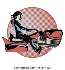 A vector illustration of rocket bike in a  retro sci-fi, pinup-up  style.