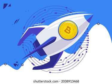 Ilustración vectorial de un cohete con una moneda de oro de bitcoin que vuela hacia arriba, el precio de la criptodivisa está subiendo con un gráfico analítico