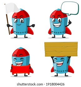 vector illustration of rocket character or mascot collection set with blank sign theme