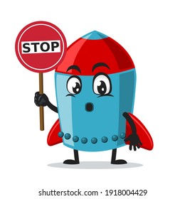 vector illustration of rocket character or mascot holding sign says stop