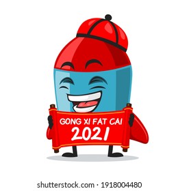 vector illustration of rocket character or mascot holding red scroll and says happy chinese new year 2021