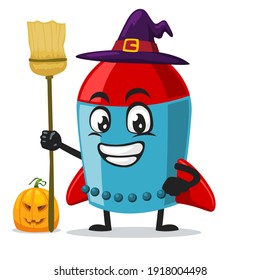 vector illustration of rocket character or mascot wearing witch costume and holding broom