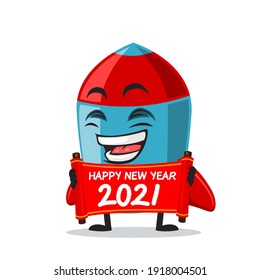 vector illustration of rocket character or mascot holding red scroll and say happy new year