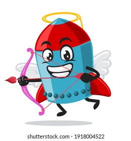 vector illustration of rocket character or mascot wearing cupid costume and holding a bow