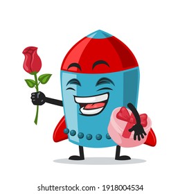 Vektorgrafik von Raketencharakter oder Maskottchen, die Blume geben und rosa Geschenk halten