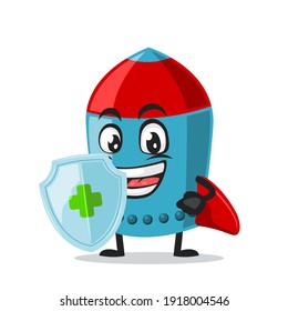 vector illustration of rocket character or mascot holding shield for protection