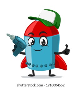vector illustration of rocket character or mascot holding hand drill