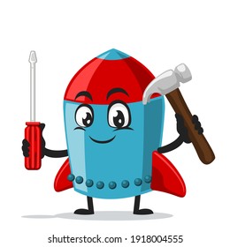 vector illustration of rocket character or mascot holding hammer and screwdriver