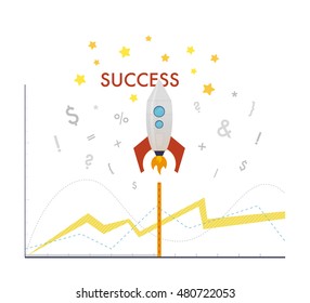 Vector illustration of a rocket and a chart. Company growth statistic. Illustration for promotion. 