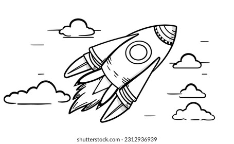 Ilustración vectorial, cohete con nubes alrededor