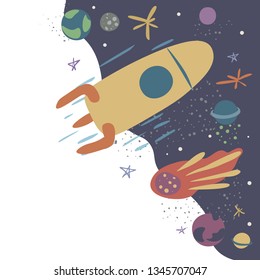 Vector illustration with rocket, comet,stars and planets.Spaceflight, space exploration. Concept for poster, banner, greeting card, etc.Colorful simple flat style,on white background.