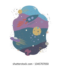 Vector illustration with rocket, comet,stars and planets.Spaceflight, space exploration. Concept for poster, banner, greeting card, etc.Colorful simple flat style,on white background.