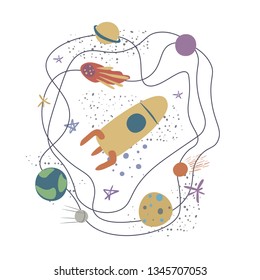 Vector illustration with rocket, comet,stars and planets.Spaceflight, space exploration. Concept for poster, banner, greeting card, etc.Colorful simple flat style,on white background.