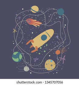 Vector illustration with rocket, comet,stars and planets.Spaceflight, space exploration. Concept for poster, banner, greeting card, etc.Colorful simple flat style, on dark background.