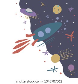 Vector illustration with rocket, comet,stars and planets.Spaceflight, space exploration. Concept for poster, banner, greeting card, etc.Colorful simple flat style,on white background.