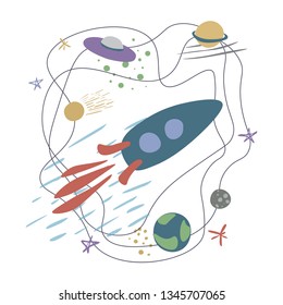 Vector illustration with rocket, comet,stars and planets.Spaceflight, space exploration. Concept for poster, banner, greeting card, etc.Colorful simple flat style,on white background.