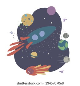 Vector illustration with rocket, comet,stars and planets.Spaceflight, space exploration. Concept for poster, banner, greeting card, etc.Colorful simple flat style,on white background.