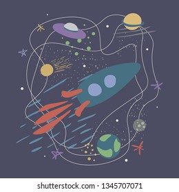 Vector illustration with rocket, comet,stars and planets.Spaceflight, space exploration. Concept for poster, banner, greeting card, etc.Colorful simple flat style, on dark background.