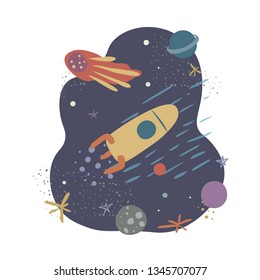 Vector illustration with rocket, comet,stars and planets.Spaceflight, space exploration. Concept for poster, banner, greeting card, etc.Colorful simple flat style,on white background.