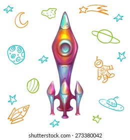 Vector illustration of rocket with doodle icons.