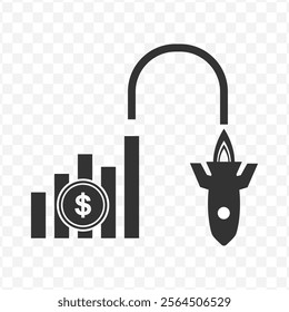 Vector illustration of rocket down money graph icon in dark color and transparent background(PNG).