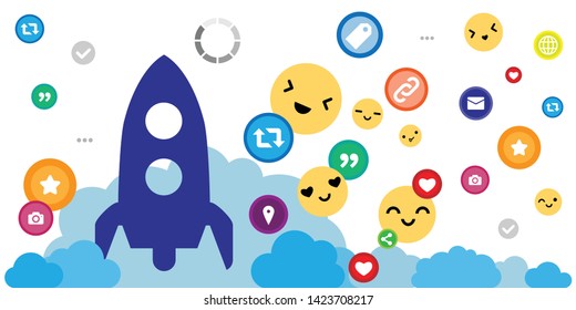 Vector Illustration Of Rocket And Emoji Or Social Media Icons For Startup Booster Advertisement Concept