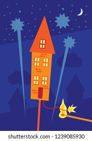 A vector illustration of a rocket firework in the form of a house with the touch paper being lit ready for take off. A metaphor on property market increases.
