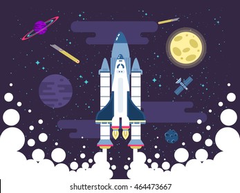 Vector illustration of rocket flies in outer space in a flat style