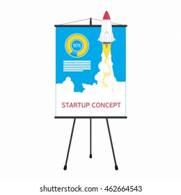 Vector illustration of rocket flying above clouds, business startup banner concept. Background with start rocket. Entrepreneur design concept. Modern flat style.